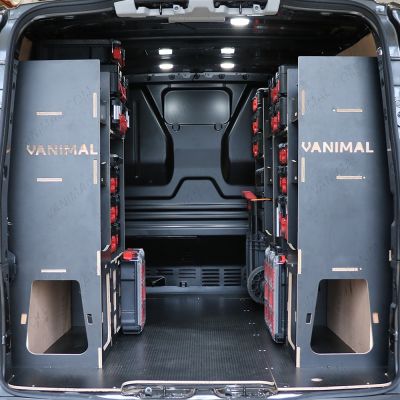 Rear van view of the Toyota Proace 2016+ L1 Milwaukee Packout Trolley Compatible Van Racking