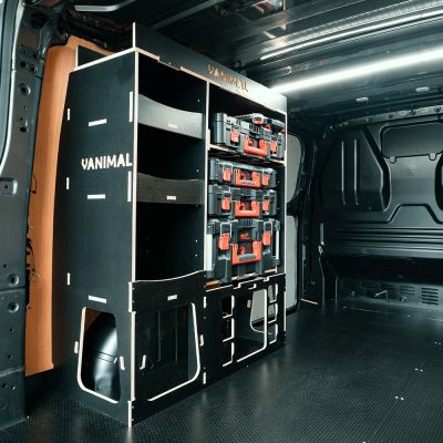 Rear van NS angle view of the Toyota Proace 2016+ L1 Milwaukee Packout Trolley Compatible Van Racking with optional top trays