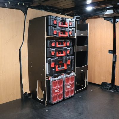 Side van angle view of the Kia PV5 Cargo Milwaukee Packout Toolbox Compatible Van Racking - OS Rear