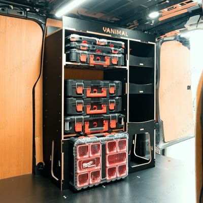 Side van angle view of the Kia PV5 Cargo Milwaukee Packout Toolbox Compatible Van Racking - OS Rear with optional top tray