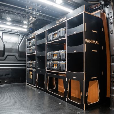 Rear van side angle view of the Scudo 2022- L1 DeWalt ToughSystem Toolbox Compatible Van Racking (Full OS) displayed with DeWalt ToughSystem 2.0 toolboxes and top trays