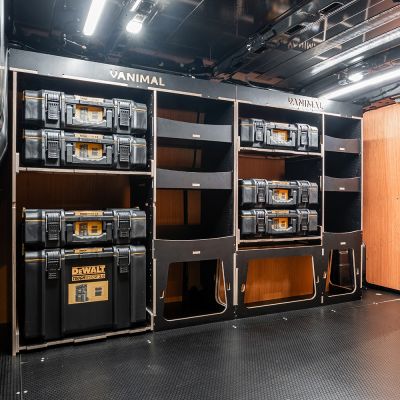 Side van angle view of the Scudo 2022- L1 DeWalt ToughSystem Toolbox Compatible Van Racking (Full OS) displayed with DeWalt ToughSystem 2.0 toolboxes and top trays