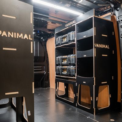 OS rear van view of the Scudo 2022- L1 DeWalt ToughSystem Toolbox Compatible Van Racking (x2 Rears) displayed with DeWalt ToughSystem 2.0 toolboxes and top trays