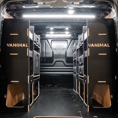 Rear van view of the Kia PV5 Cargo DeWalt ToughSystem Toolbox Compatible Van Racking (x3 V2) displayed with DeWalt ToughSystem toolboxes