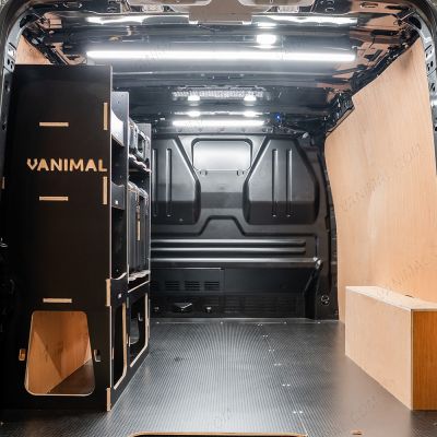 Rear van view of the Kia PV5 Cargo DeWalt ToughSystem Toolbox Compatible Van Racking - NS Rear displayed with DeWalt ToughSystem toolboxes