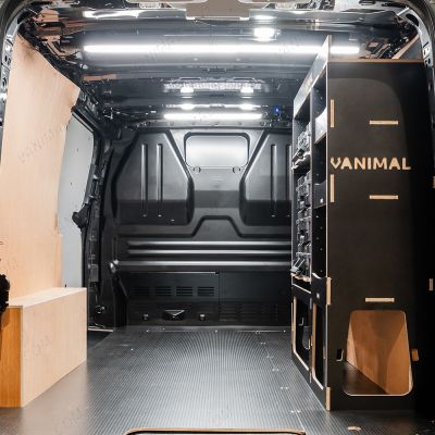 Rear van view of the Scudo 2022- L2 DeWalt ToughSystem Toolbox Compatible Van Racking - OS Rear displayed with DeWalt ToughSystem 2.0 toolboxes and top tray