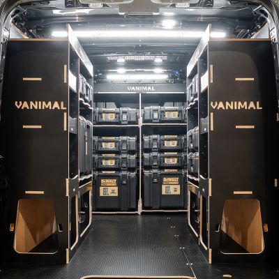 Rear van view of the Kia PV5 Cargo DeWalt ToughSystem Toolbox Compatible Van Racking (x3 V1) displayed with DeWalt ToughSystem toolboxes and top trays