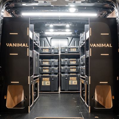 Rear van view of the Kia PV5 Cargo DeWalt ToughSystem Toolbox Compatible Van Racking (x3 V1) displayed with DeWalt ToughSystem toolboxes