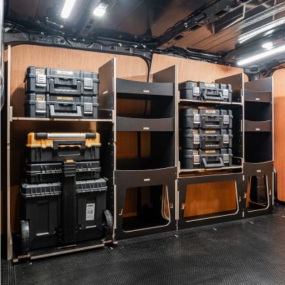 Side van view of the Fiat Scudo 2022+ L1 DeWalt TSTAK Trolley Compatible Van Racking (Full OS) displayed with DeWalt TSTAK toolboxes