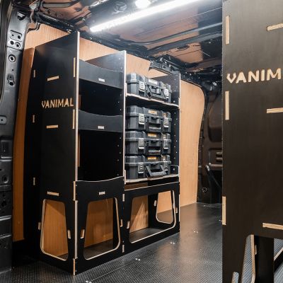 NS rear van view of the Fiat Scudo 2022+ L1 DeWalt TSTAK Toolbox Compatible Van Racking (x2 Rears) displayed with DeWalt TSTAK toolboxes