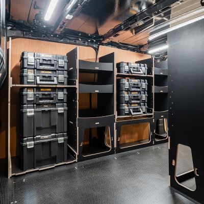 Side van angle view of the Peugeot Expert 2016+ L1 DeWalt TSTAK Toolbox Compatible Van Racking (x3 V2) displayed with DeWalt TSTAK toolboxes