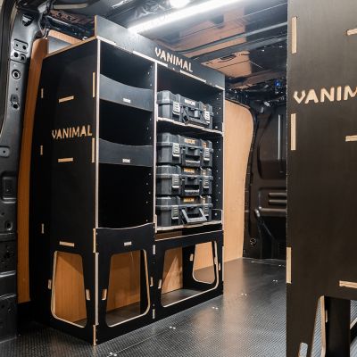 OS rear van view of the Citroen Dispatch 2016+ L1 DeWalt TSTAK Trolley Compatible Van Racking (x3 V2) displayed with DeWalt TSTAK toolboxes - top tray