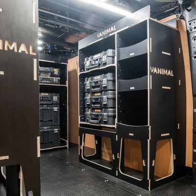 OS rear van view of the PV5 Cargo 2025- DeWalt TSTAK Toolbox Compatible Van Racking (x3 V1) displayed with DeWalt TSTAK toolboxes and top trays