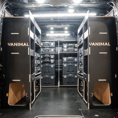 Rear van view of the PV5 Cargo 2025- DeWalt TSTAK Toolbox Compatible Van Racking (x3 V1) displayed with DeWalt TSTAK toolboxes and top trays