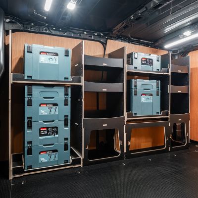 Side van view of the Fiat Scudo 2022+ L2 Makita Makpac Toolbox Compatible Van Racking (Full OS) displayed with Makita Makpac toolboxes