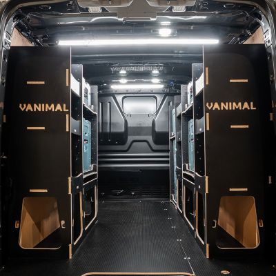 Rear van view of the Citroen Dispatch 2016+ L2 Makita Makpac Toolbox Compatible Van Racking (x3 V2) displayed with Makita Makpac toolboxes