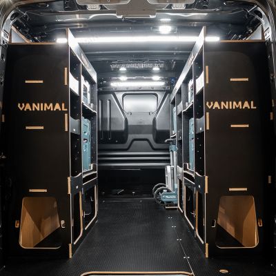 Rear van view of the Citroen Dispatch 2016+ L2 Makita Makpac Trolley Compatible Van Racking (x3 V2) displayed with Makita Makpac toolboxes