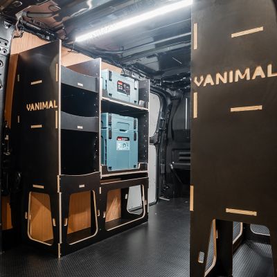 OS rear van view of the Citroen Dispatch 2016+ L2 Makita Makpac Trolley Compatible Van Racking (x3 V2) displayed with Makita Makpac toolboxes