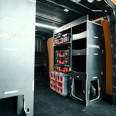 Rear van OS angle view of the Peugeot Expert 2016+ L2 Milwaukee Packout Toolbox Compatible Van Racking with optional top trays