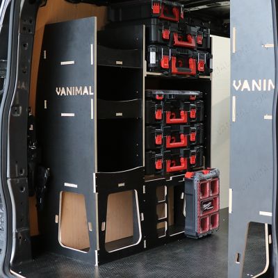 Rear van NS angle view of the Toyota Proace 2016+ L2 Milwaukee Packout Toolbox Compatible Van Racking 