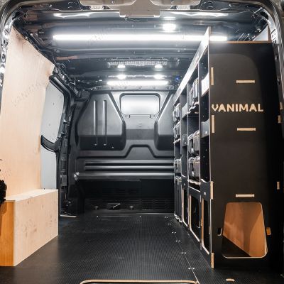 Rear van view of the Scudo 2022- L2 DeWalt ToughSystem Toolbox Compatible Van Racking (Full OS) displayed with DeWalt ToughSystem 2.0 toolboxes and top trays
