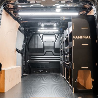 Rear van view of the Scudo 2022- L2 DeWalt ToughSystem Toolbox Compatible Van Racking (Full OS) displayed with DeWalt ToughSystem 2.0 toolboxes
