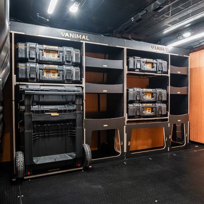 Side van angle view of the Scudo 2022- DeWalt ToughSystem 2.0 Trolley Compatible Van Racking (Full OS V2) displayed with DeWalt ToughSystem 2.0 toolboxes and trolley