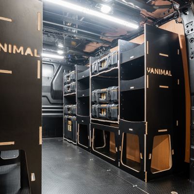 OS rear van view of the Scudo 2022- L2 DeWalt ToughSystem Toolbox Compatible Van Racking (x3 V2) displayed with DeWalt ToughSystem 2.0 toolboxes