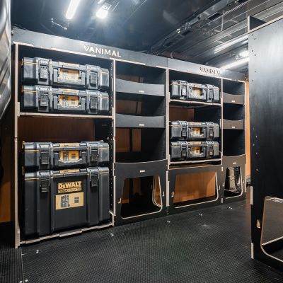 Side van view of the Scudo 2022- L2 DeWalt ToughSystem Toolbox Compatible Van Racking (x3 V2) displayed with DeWalt ToughSystem 2.0 toolboxes and top trays