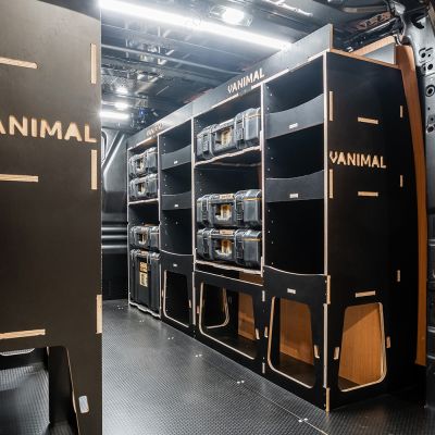 OS rear van view of the Scudo 2022- L2 DeWalt ToughSystem Toolbox Compatible Van Racking (x3 V2) displayed with DeWalt ToughSystem 2.0 toolboxes and top trays