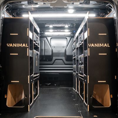 Rear van view of the Scudo 2022- L2 DeWalt ToughSystem Toolbox Compatible Van Racking (x3 V2) displayed with DeWalt ToughSystem 2.0 toolboxes and top trays