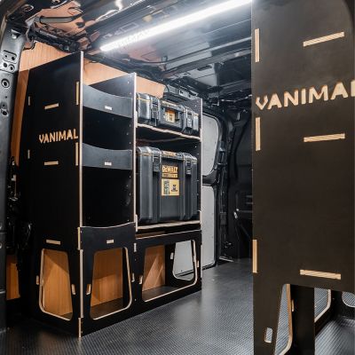 OS rear van view of the Scudo 2022- DeWalt ToughSystem 2.0 Trolley Compatible Van Racking (x3 V2) displayed with Milwaukee toolboxes