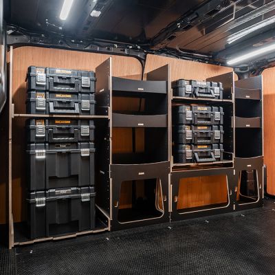 Side van view of the Fiat Scudo 2022+ L2 DeWalt TSTAK Toolbox Compatible Van Racking (Full OS) displayed with DeWalt TSTAK toolboxes