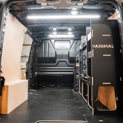 Side van view of the Fiat Scudo 2022+ L2 DeWalt TSTAK Trolley Compatible Van Racking (Full OS) displayed with DeWalt TSTAK toolboxes