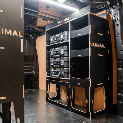 OS rear van view of the Citroen Dispatch 2016+ L2 DeWalt TSTAK Toolbox Compatible Van Racking (x2 Rears) displayed with DeWalt TSTAK toolboxes and top trays