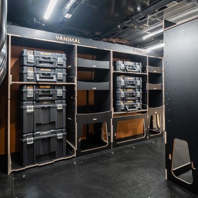 Side van angle view of the Peugeot Expert 2016+ L2 DeWalt TSTAK Toolbox Compatible Van Racking (x3 V2) displayed with DeWalt TSTAK toolboxes and top trays