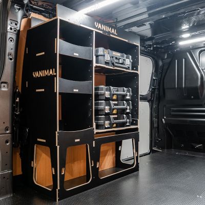 Rear van side angle view of the Fiat Scudo 2022+ L2 DeWalt TSTAK Toolbox Compatible Van Racking - NS Rear displayed with DeWalt TSTAK toolboxes and top trays