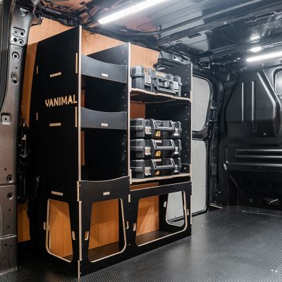 Rear van side angle view of the Fiat Scudo 2022+ L2 DeWalt TSTAK Toolbox Compatible Van Racking - NS Rear displayed with DeWalt TSTAK toolboxes