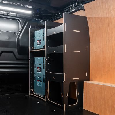 Rear van side angle view of the Fiat Scudo 2022+ Makita Makpac Toolbox Compatible Van Racking - Front displayed with Makita Makpac toolboxes