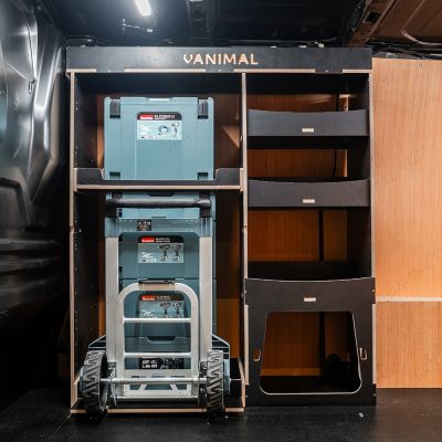 Side van view of the Fiat Scudo 2022+ Makita Makpac Trolley Compatible Van Racking - Front displayed with Makita Makpac toolboxes