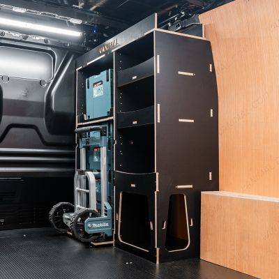 Rear van angle view of the Fiat Scudo 2022+ Makita Makpac Trolley Compatible Van Racking - Front displayed with Makita Makpac toolboxes and trolley
