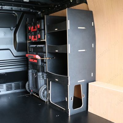 Rear van OS angle view of the Fiat Scudo 2022+ Milwaukee Packout Front Trolley Van Racking