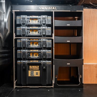 Side van view of the Kia PV5 Cargo DeWalt ToughSystem Toolbox Compatible Van Racking - Front displayed with DeWalt ToughSystem toolboxes and top tray