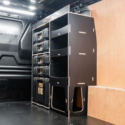 Rear van side angle view of the Kia PV5 Cargo DeWalt ToughSystem Toolbox Compatible Van Racking - Front displayed with DeWalt ToughSystem toolboxes and top tray