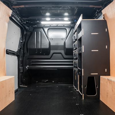 Rear van view of the Kia PV5 Cargo DeWalt ToughSystem Toolbox Compatible Van Racking - Front displayed with DeWalt ToughSystem toolboxes and top tray