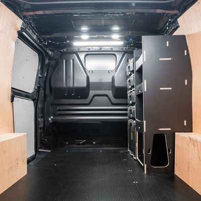 Rear van view of the Kia PV5 Cargo DeWalt ToughSystem Toolbox Compatible Van Racking - Front displayed with DeWalt ToughSystem toolboxes