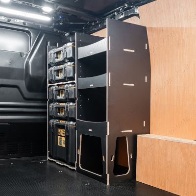 Rear van side angle view of the Kia PV5 Cargo DeWalt ToughSystem Toolbox Compatible Van Racking - Front displayed with DeWalt ToughSystem toolboxes