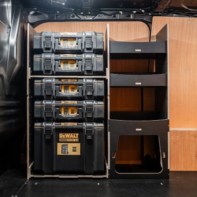 Side van view of the Kia PV5 Cargo DeWalt ToughSystem Toolbox Compatible Van Racking - Front displayed with DeWalt ToughSystem toolboxes