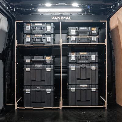 Rear van view of the Kia PV5 Cargo DeWalt TSTAK Toolbox Compatible Van Racking - Bulkhead displayed with DeWalt TSTAK toolboxes and top tray