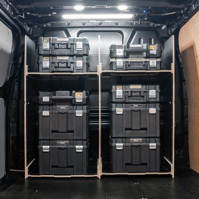 Rear van view of the Kia PV5 Cargo DeWalt TSTAK Toolbox Compatible Van Racking - Bulkhead displayed with DeWalt TSTAK toolboxes